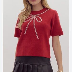 Entro Red Short Sleeve Top with Bow Detail